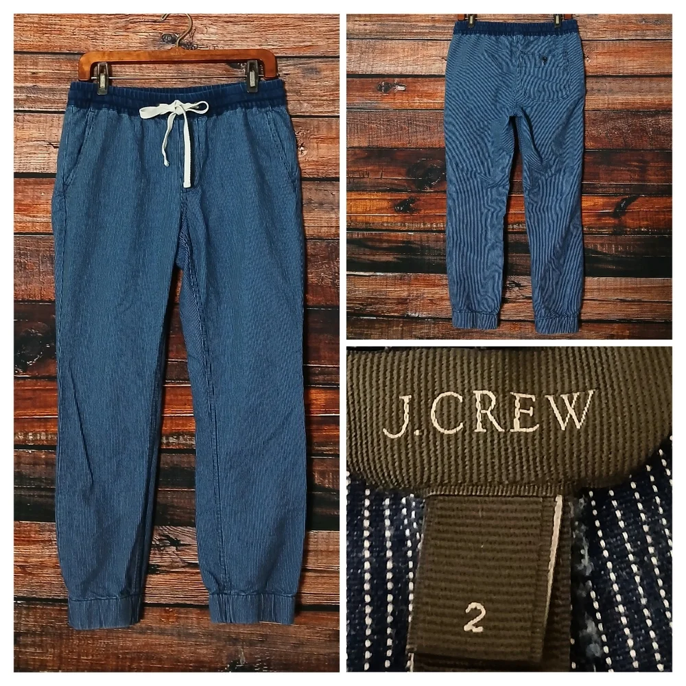 J Crew Jogger Pants 2 Ankle Navy Blue Striped 100% Cotton Drawstring Pockets